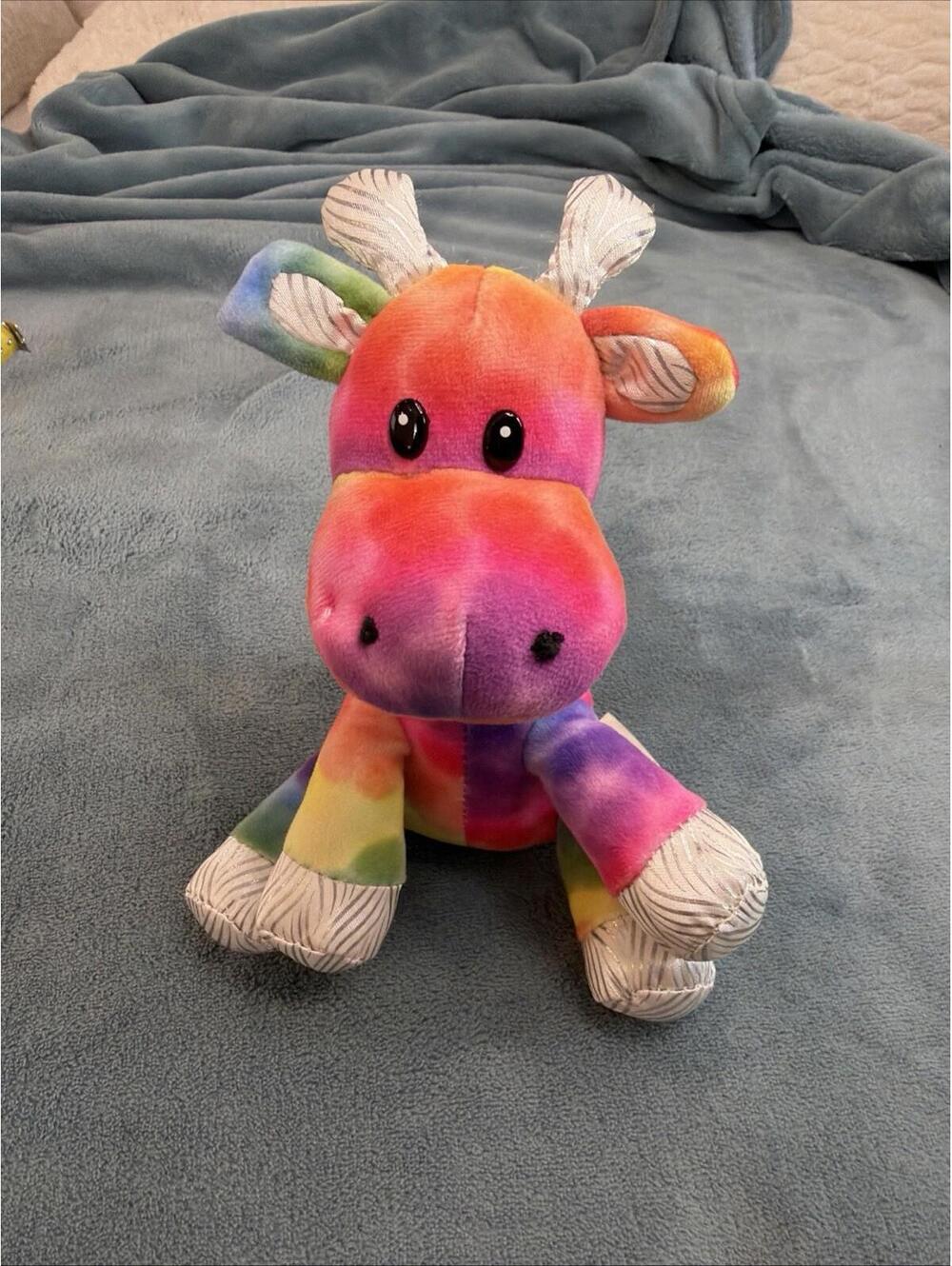 Fiesta Rainbow Giraffe Plush Tie Dye Stuffed Animal Silver Hooves 6.5 in